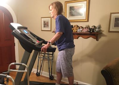 Linda uses the treadmill at home after discharge to remain active.