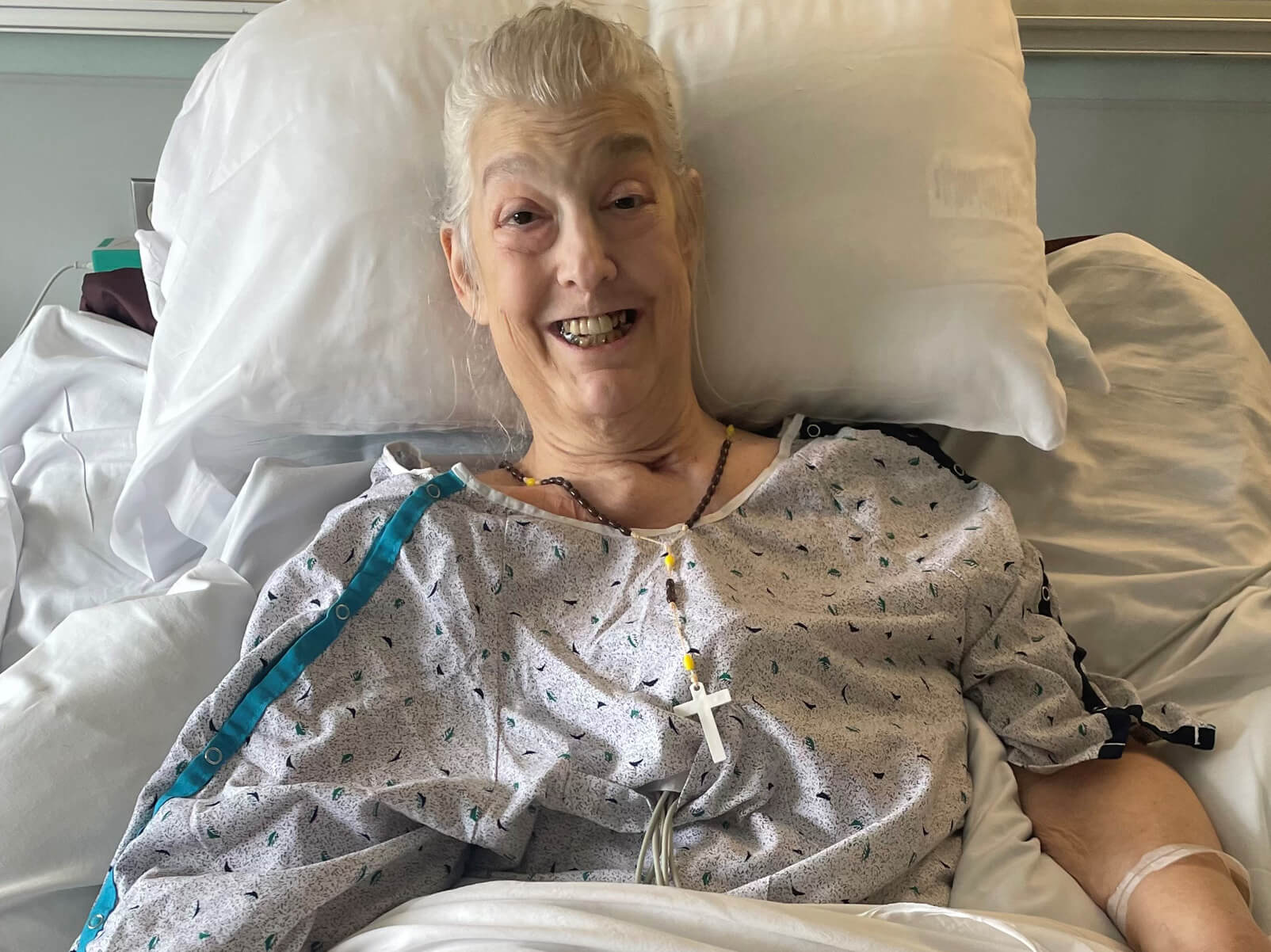 Wendy Yocum smiles in bed as she recovers.
